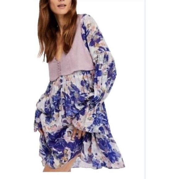 Free People Alice Vested Layered Dress Floral Purple Size SP - Picture 1 of 9